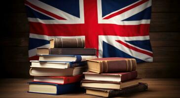 ai genererad brittiskt flagga ryggsäck och böcker på skrivbord foto