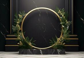ai genererad svart marmor gyllene cirkulär ram med växter foto