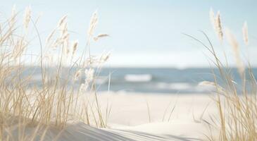 ai genererad stänga upp av en strand nära några gräs och sand foto