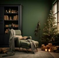 ai genererad en rum i de vinter- den där har en jul träd och jul dekorationer foto