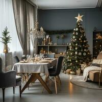 ai genererad interiör av modern dining rum med en jul träd och en krans, använda sig av av tyg, rustikt texturer foto