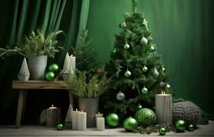 ai genererad Semester rum med grön dekorationer grön jul träd foto