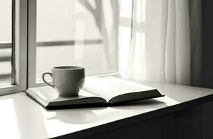 ai genererad kaffe och en bok på en vit tabell foto