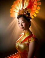 ai genererad skön kinesisk kvinna i traditionell Cheongsam klänning foto