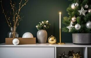 ai genererad skön lägenhet med grön och grå jul dekorationer foto
