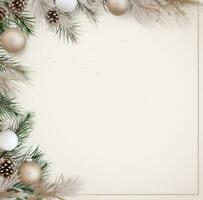 ai genererad jul ornament på ram med tall grenar på beige vägg, png bilder foto