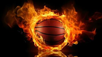 ai genererad ett iögonfallande bild av en basketboll boll på brand, foto