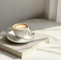 ai genererad en kopp av kaffe sitter Nästa till en bok full av sidor foto