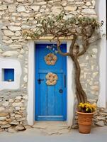ai genererad en blå dörr med en blomma och en korg foto