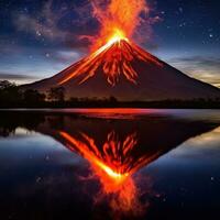 ai genererad en vulkan lampor upp de natt himmel med dess eldig glöd den där ställer ut de skönhet av naturens kraft foto