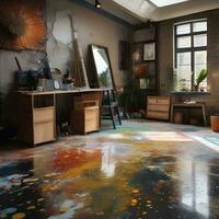 ai genererad ett eklektisk artister studio med befläckade måla golv, foto
