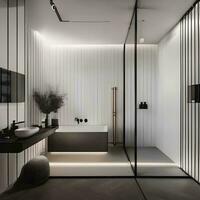 ai genererad en minimalistisk scandinavian badrum med rena rader, svartvit foto