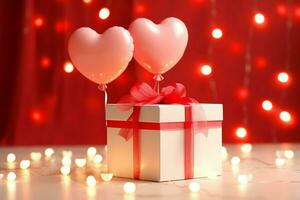 Lycklig hjärtans dag begrepp med röd gåva låda och hjärta formad ballonger romantisk baner kärlek begrepp förbi ai genererad foto