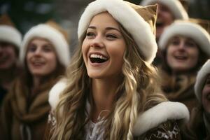 ai genererad kvinna santa claus leder en grupp av carolers i traditionell Semester sånger, jul bakgrund foto