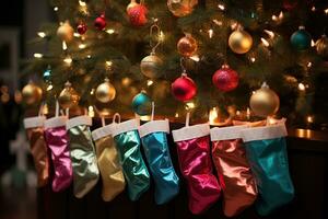 ai genererad vibrerande strumpor lastad med gåvor förbi de jul träd, jul tapet foto