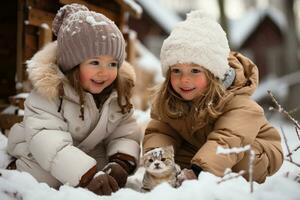 ai genererad förtjusande barn spelar i snöig bakgård byggnad snowmen i vinter- redskap, hygge begrepp foto