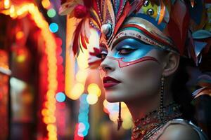 ai genererad maskerad kvinna mitt i neon karneval gata scen, karneval festival bilder foto