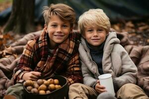 ai genererad två ung Pojkar insvept i överdimensionerad tröjor njuter varm choklad i en pittoresk parkera, hygge begrepp foto