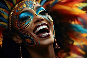 ai genererad karneval anda kvinna engagerad i samba dansa, festlig karneval foton