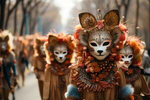 ai genererad vild karneval parad djur- tema masker i festlig, färgrik karneval bilder foto