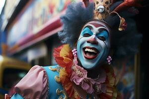 ai genererad karneval man i vibrerande mask på gata hörn, färgrik karneval bilder foto
