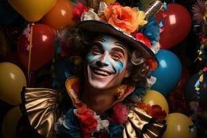 ai genererad karneval mask mitt i ballonger och konfetti, färgrik karneval bilder foto