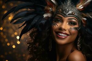 ai genererad firande kvinna pärlar i befjädrad karneval mask, karneval festival bilder foto