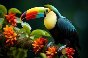 ai genererad köl faktureras toucan uppflugen på en skog gren i panamas frodig grönska ai genererad foto