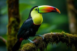 ai genererad köl faktureras toucan uppflugen på en skog gren i panamas frodig grönska ai genererad foto