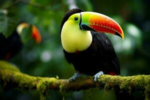 ai genererad köl faktureras toucan uppflugen på en skog gren i panamas frodig grönska ai genererad foto