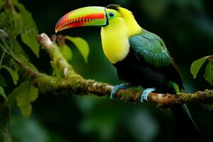 ai genererad köl faktureras toucan uppflugen på en skog gren i panamas frodig grönska ai genererad foto