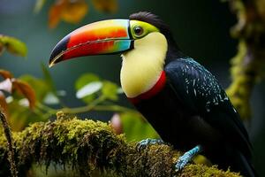 ai genererad köl faktureras toucan uppflugen på en skog gren i panamas frodig grönska ai genererad foto