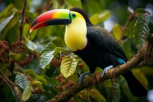 ai genererad köl faktureras toucan uppflugen på en skog gren i panamas frodig grönska ai genererad foto