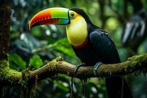 ai genererad köl faktureras toucan uppflugen på en skog gren i panamas frodig grönska ai genererad foto