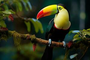 ai genererad köl faktureras toucan uppflugen på en skog gren i panamas frodig grönska ai genererad foto