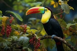 ai genererad vibrerande köl faktureras toucan mitt i panamas rik vegetation en fängslande vilda djur och växter scen ai genererad foto