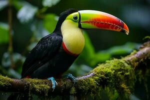 ai genererad köl faktureras toucan uppflugen på en skog gren i panamas frodig grönska ai genererad foto