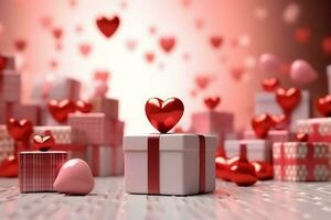 Lycklig hjärtans dag begrepp med röd gåva låda och hjärta formad ballonger romantisk baner kärlek begrepp förbi ai genererad foto