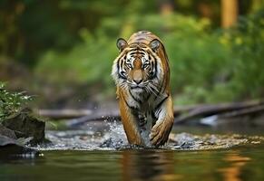 ai genererad amur tiger gående i de vatten. farlig djur. djur- i en grön skog ström. generativ ai foto