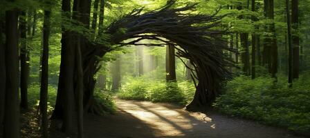 ai genererad naturlig archway formad förbi grenar i de skog. ai genererad foto