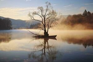 ai genererad wanaka's ensam vide träd som är belägen bara av av de sjö Strand. ai genererad foto