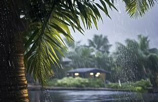 ai genererad regn i de tropikerna under de låg säsong eller monsun säsong. regndroppar i en trädgård. generativ ai foto