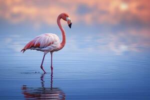 ai genererad rosa flamingo i de vatten. ai genererad foto