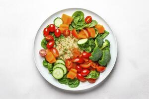 ai genererad sallad med quinoa, spenat, broccoli, tomater, gurkor och morötter. ai genererad foto