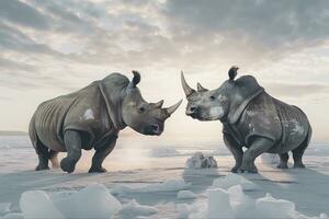 ai genererad två noshörning få redo för bekämpa på is. ai genererad foto