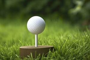 ai genererad vit golf boll på trä- tee med gräs. generativ ai foto