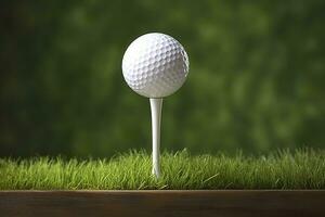 ai genererad vit golf boll på trä- tee med gräs. generativ ai foto