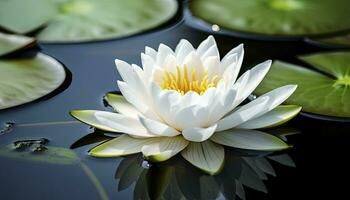 ai genererad vit vatten lilja. vit lotus med löv på mörk damm. ai genererad foto