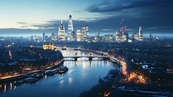 ai genererad panorama- se av en vinter- London stad horisont på skymning, med de stad lampor reflekterande av de isig ytor och skapande en magisk foto