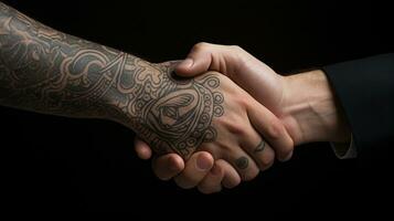 ai genererad tatuering handslag två affärsmän betecknar framgångsrik avtal svart bakgrund. generativ ai foto